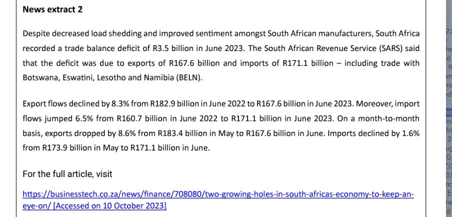 News extract 2 Despite decreased load shedding and improved sentiment amongst South African manufacturers,