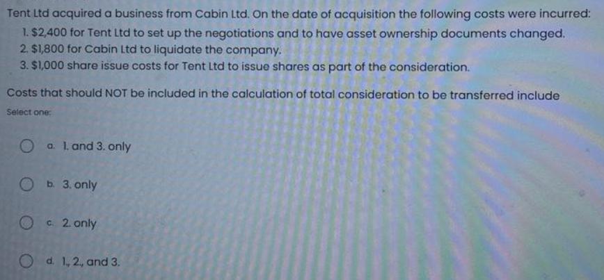 Tent Ltd acquired a business from Cabin Ltd. On the date of acquisition the following costs were incurred: 1.