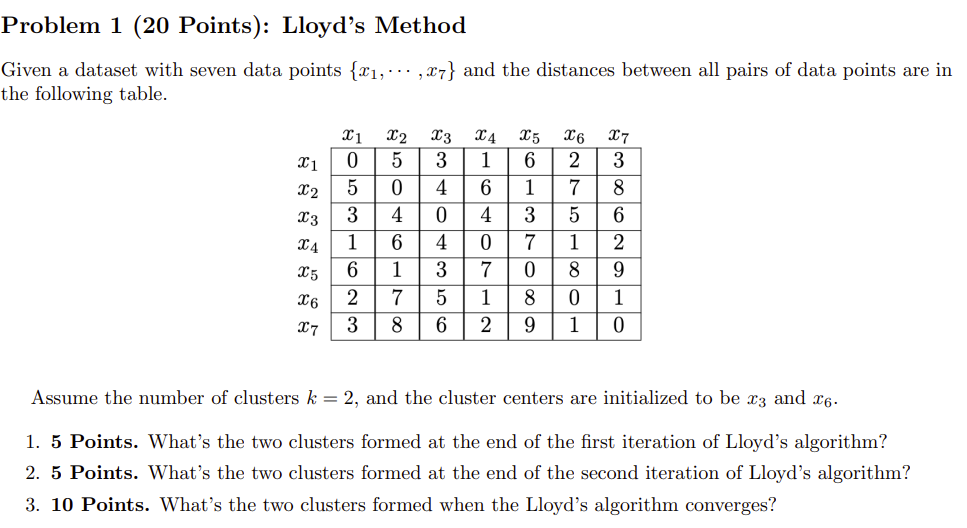 Problem 1 (20 Points): Lloyd's Method Given a dataset with seven data points {,.,7} and the distances between