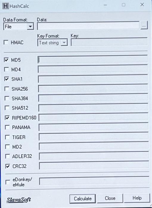 H HashCalc Data Format: File  HMAC MD5 MD4 SHA1 SHA256 SHA384 SHA512 RIPEMD160  PANAMA TIGER MD2 ADLER32