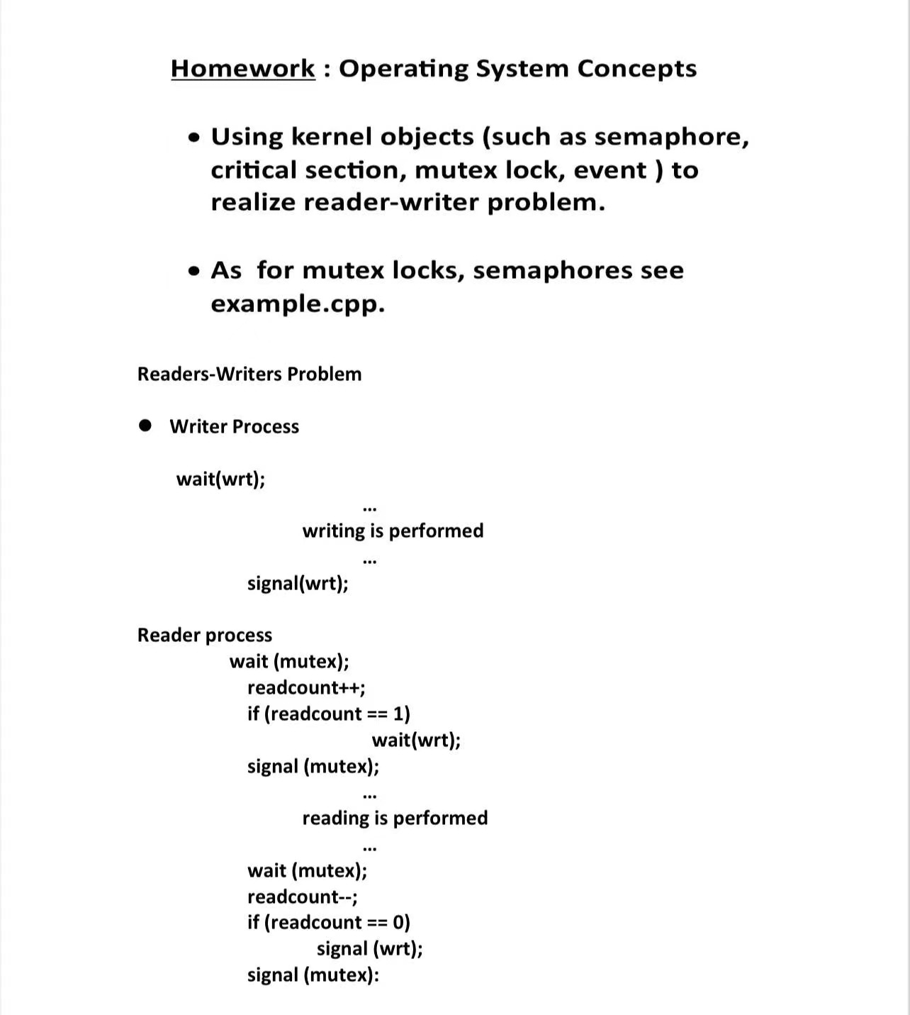 Homework: Operating System Concepts  Using kernel objects (such as semaphore, critical section, mutex lock,