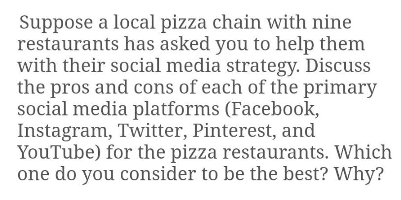 Suppose a local pizza chain with nine restaurants has asked you to help them with their social media