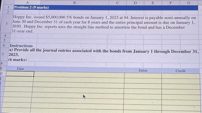 8 0 1 4 6 7 5 1 3 2 B D Date E Problem 2 (9 marks) Hoppy Inc. issued $5,000,000 5% bonds on January 1, 2023