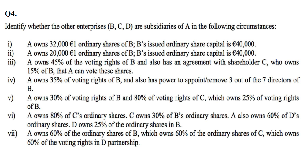 Q4. Identify whether the other enterprises (B, C, D) are subsidiaries of A in the following circumstances: A
