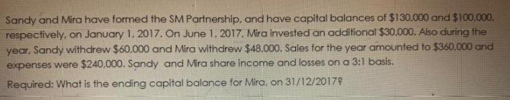Sandy and Mira have formed the SM Partnership, and have capital balances of $130,000 and $100,000,
