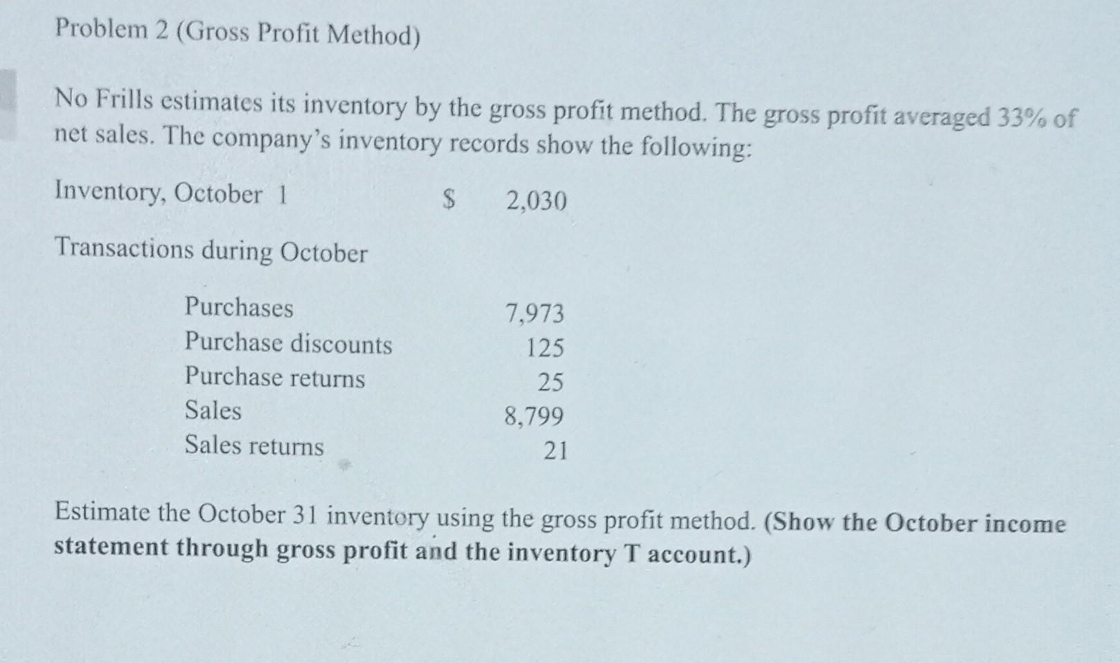 Problem 2 (Gross Profit Method) No Frills estimates its inventory by the gross profit method. The gross