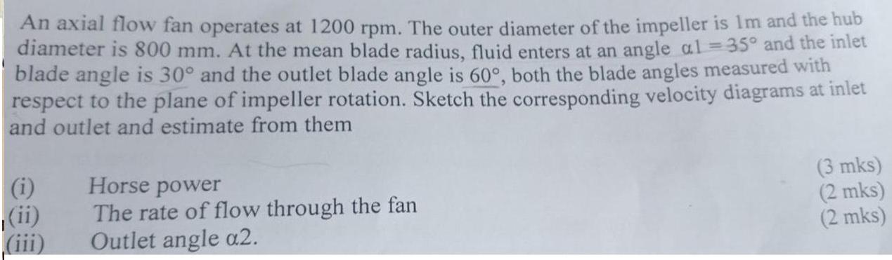 An axial flow fan operates at 1200 rpm. The outer diameter of the impeller is Im and the hub diameter is 800