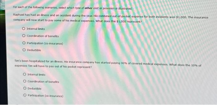 For each of the following scenarios, select which type of other cost or provision is illustrated. Raphael has