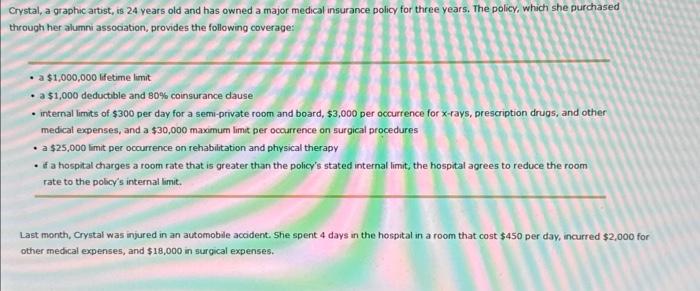 Crystal, a graphic artist, is 24 years old and has owned a major medical insurance policy for three years.