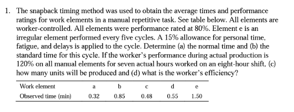 1. The snapback timing method was used to obtain the average times and performance ratings for work elements