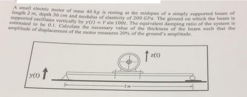 A small electric motor of mass 40 kg is resting at the midspan of a simply supported beam of length 2 m,