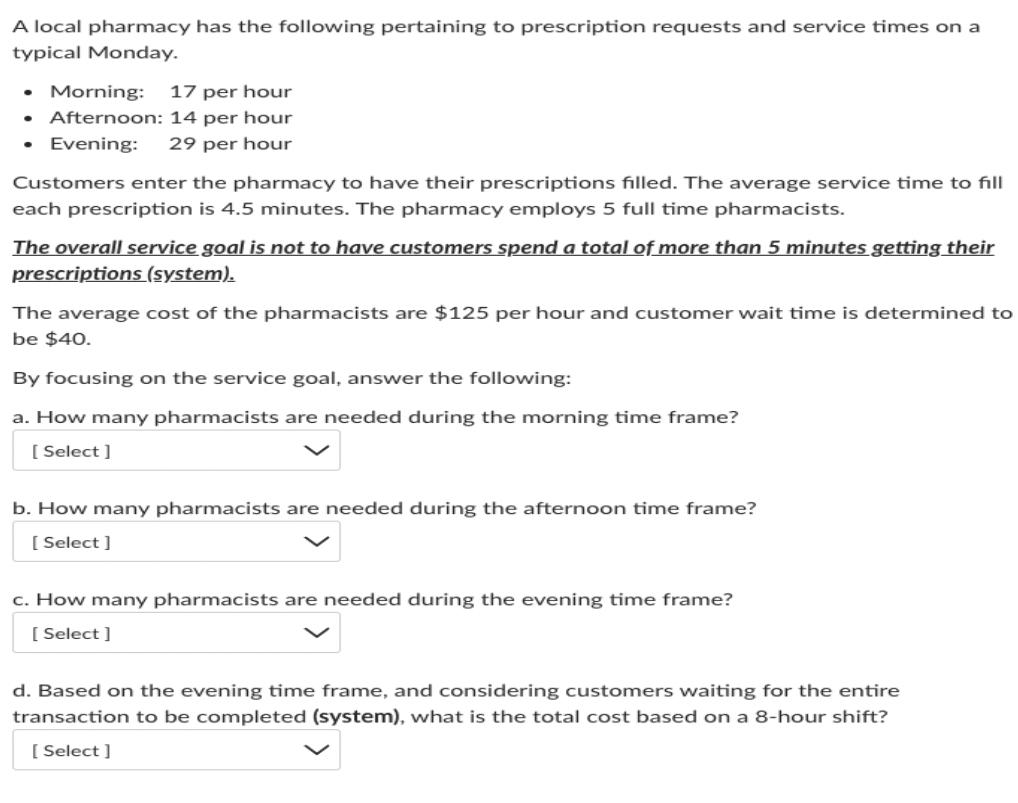 A local pharmacy has the following pertaining to prescription requests and service times on a typical Monday.