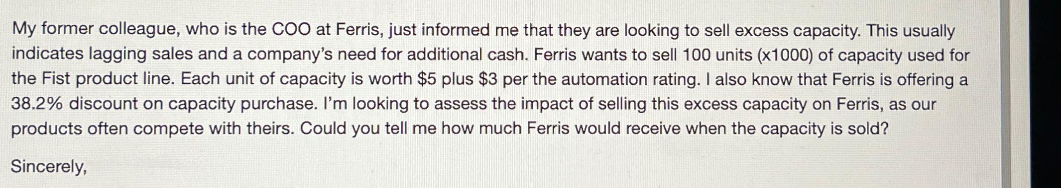 My former colleague, who is the COO at Ferris, just informed me that they are looking to sell excess