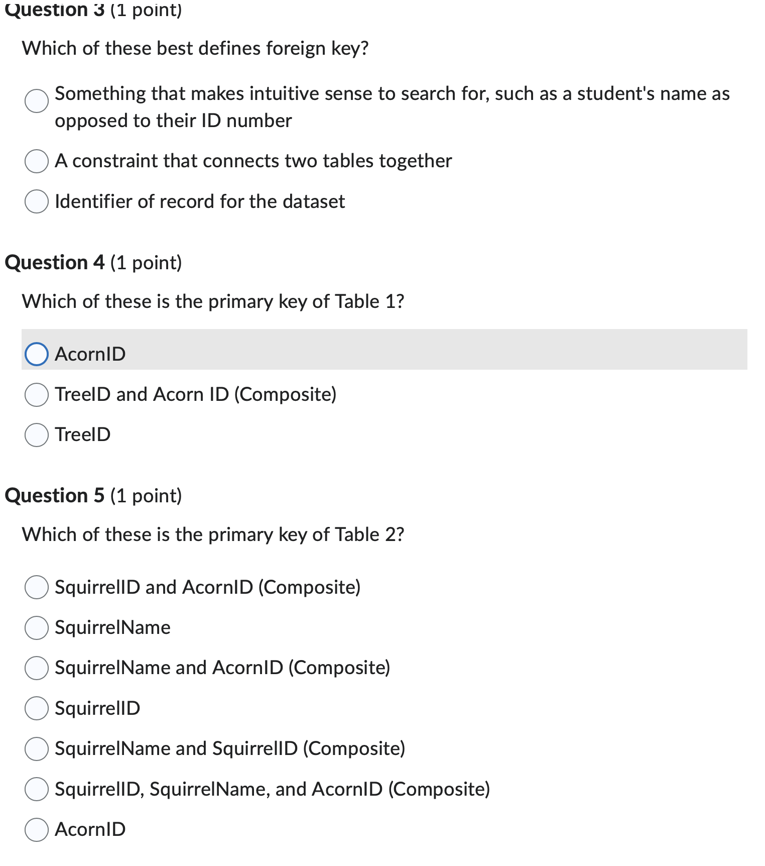 Question 3 (1 point) Which of these best defines foreign key? Something that makes intuitive sense to search