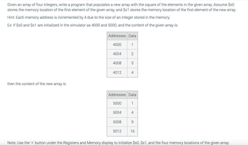Given an array of four integers, write a program that populates a new array with the square of the elements