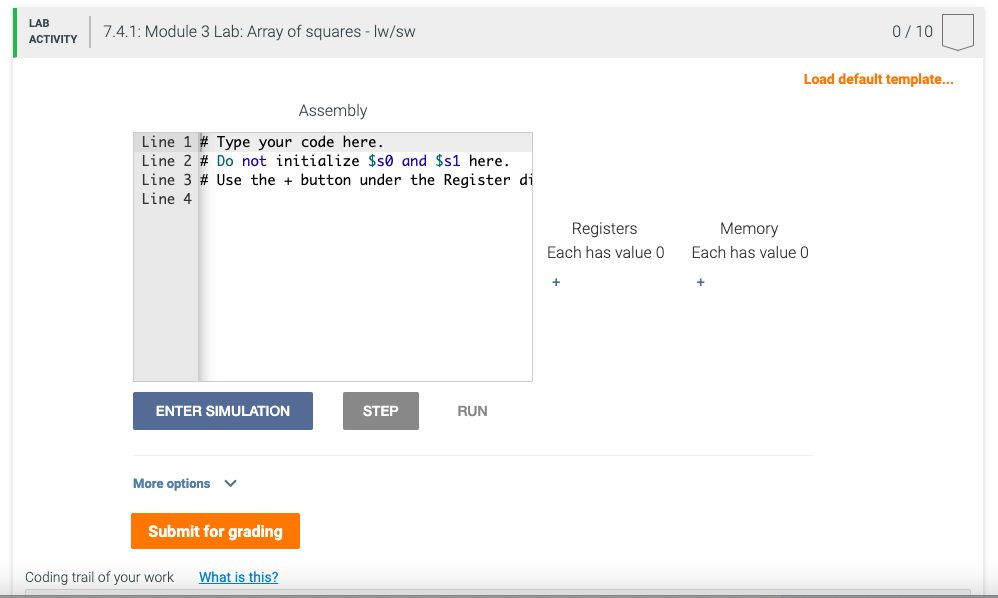 LAB ACTIVITY 7.4.1: Module 3 Lab: Array of squares - Iw/sw Assembly Line 1 # Type your code here. Line 2 # Do