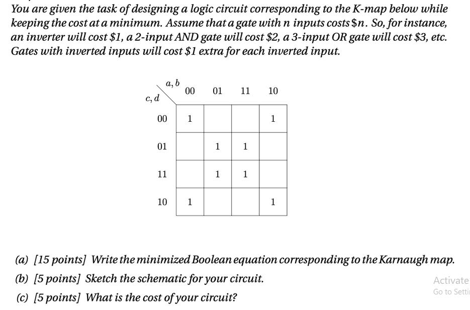 You are given the task of designing a logic circuit corresponding to the K-map below while keeping the cost