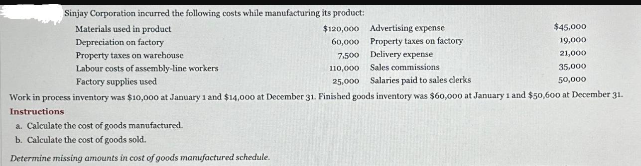Sinjay Corporation incurred the following costs while manufacturing its product: Materials used in product