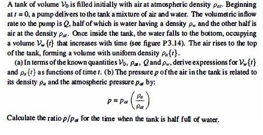 A tank of volume Vo is filled initially with air at atmospheric density Par. Beginning at t = 0, a pump