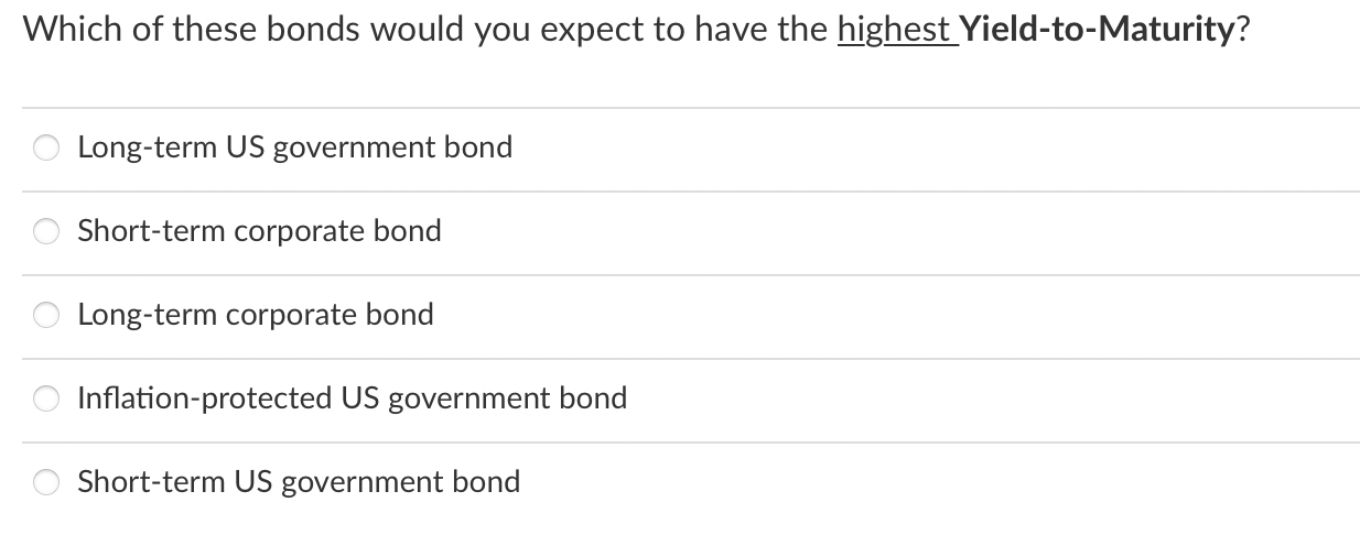 Which of these bonds would you expect to have the highest Yield-to-Maturity? Long-term US government bond