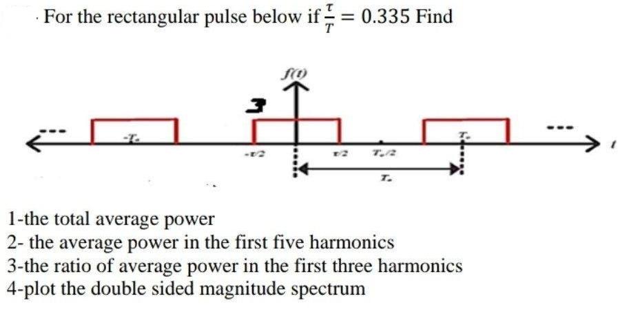 For the rectangular pulse below if = 0.335 Find fo 1/2 T. 1-the total average power 2- the average power in