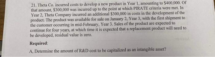 21. Theta Co. incurred costs to develop a new product in Year 1, amounting to $400,000. Of that amount,