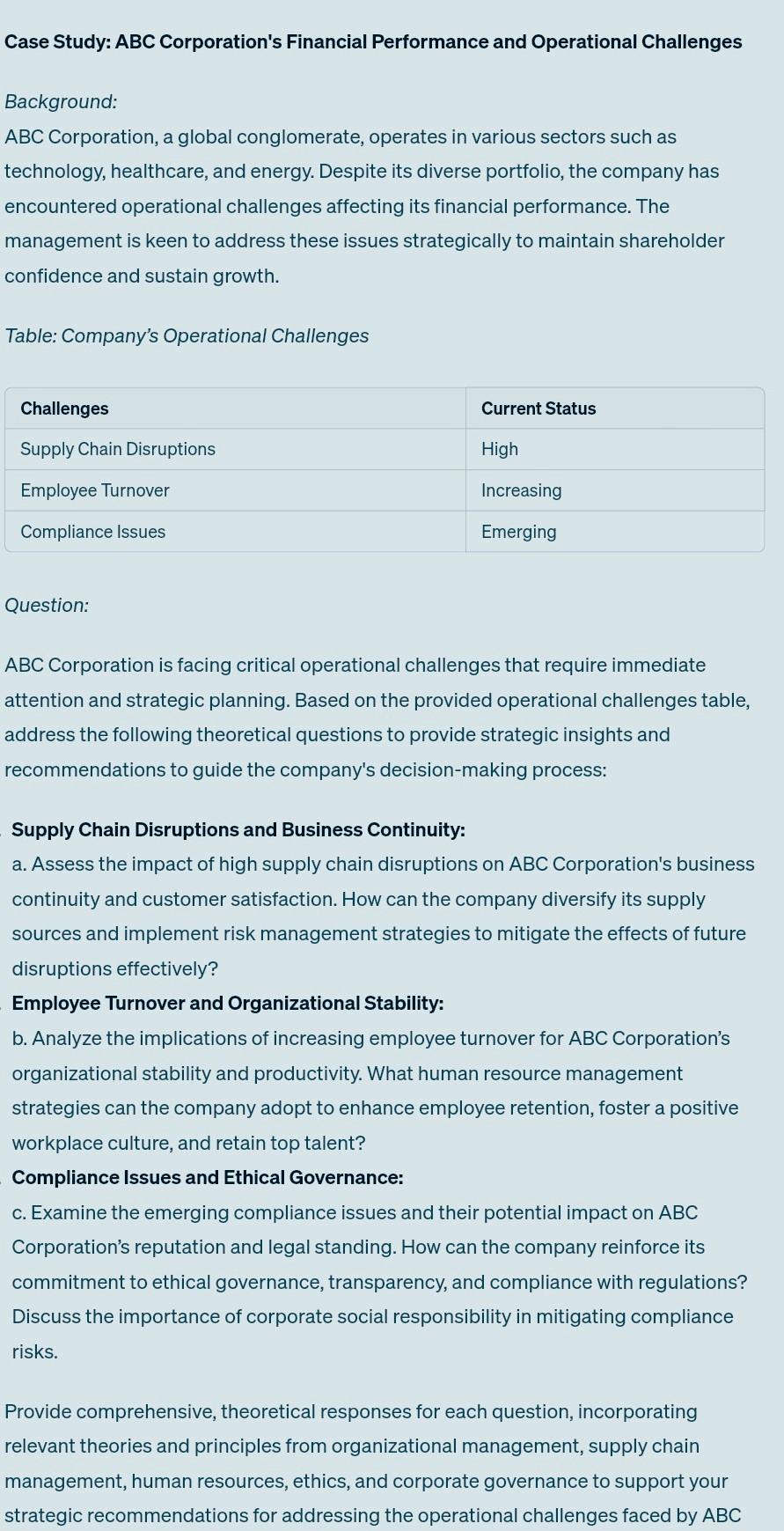Case Study: ABC Corporation's Financial Performance and Operational Challenges Background: ABC Corporation, a