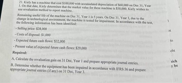 21. Kiely has a machine that cost $100,000 with accumulated depreciation of $60,000 on Dec 31, Year 1. On