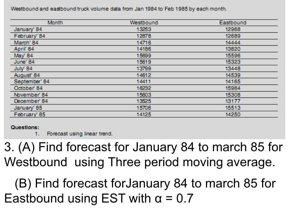 Westbound and eastbound truck volume data from Jan 1984 to Feb 1985 by each month. January 84 February' 84