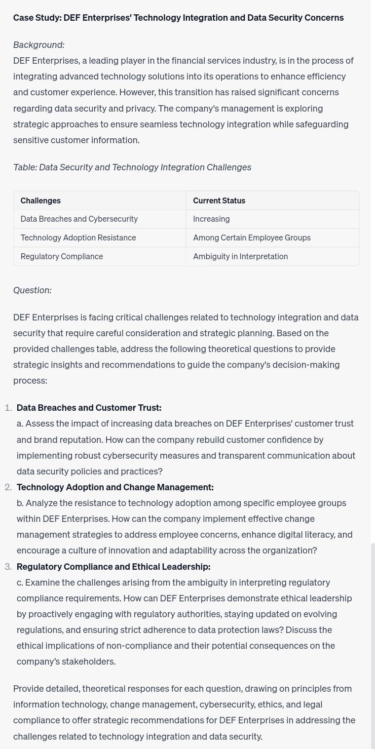 Case Study: DEF Enterprises' Technology Integration and Data Security Concerns Background: DEF Enterprises, a