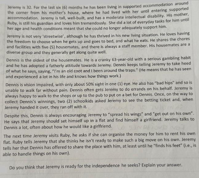 Jeremy is 32. For the last six (6) months he has been living in supported accommodation around the corner