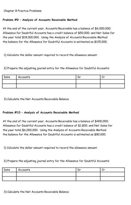 Chapter 8 Practice Problems Problem #9 - Analysis of Accounts Receivable Method At the end of the current