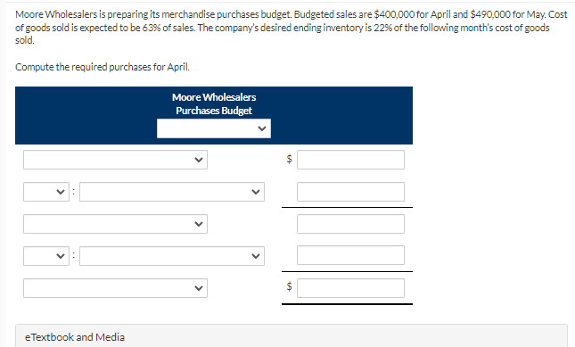 Moore Wholesalers is preparing its merchandise purchases budget. Budgeted sales are $400,000 for April and