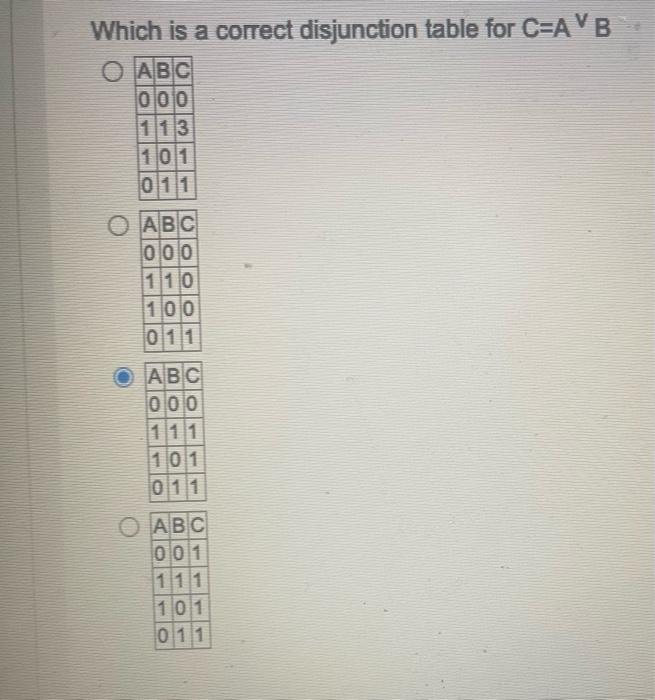 Which is a correct disjunction table for C=AV B OABC 101010 113 101 011 O ABC 0 0 0 110 100 011 ABC 000 111