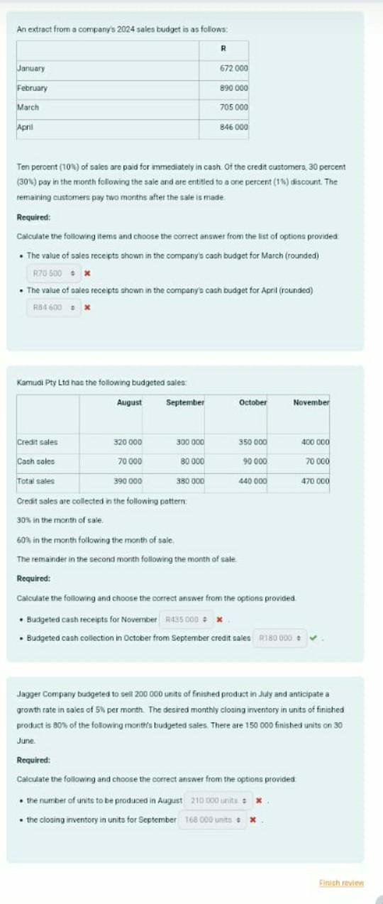 An extract from a company's 2024 sales budget is as follows: January February March April Kamudi Pty Ltd has