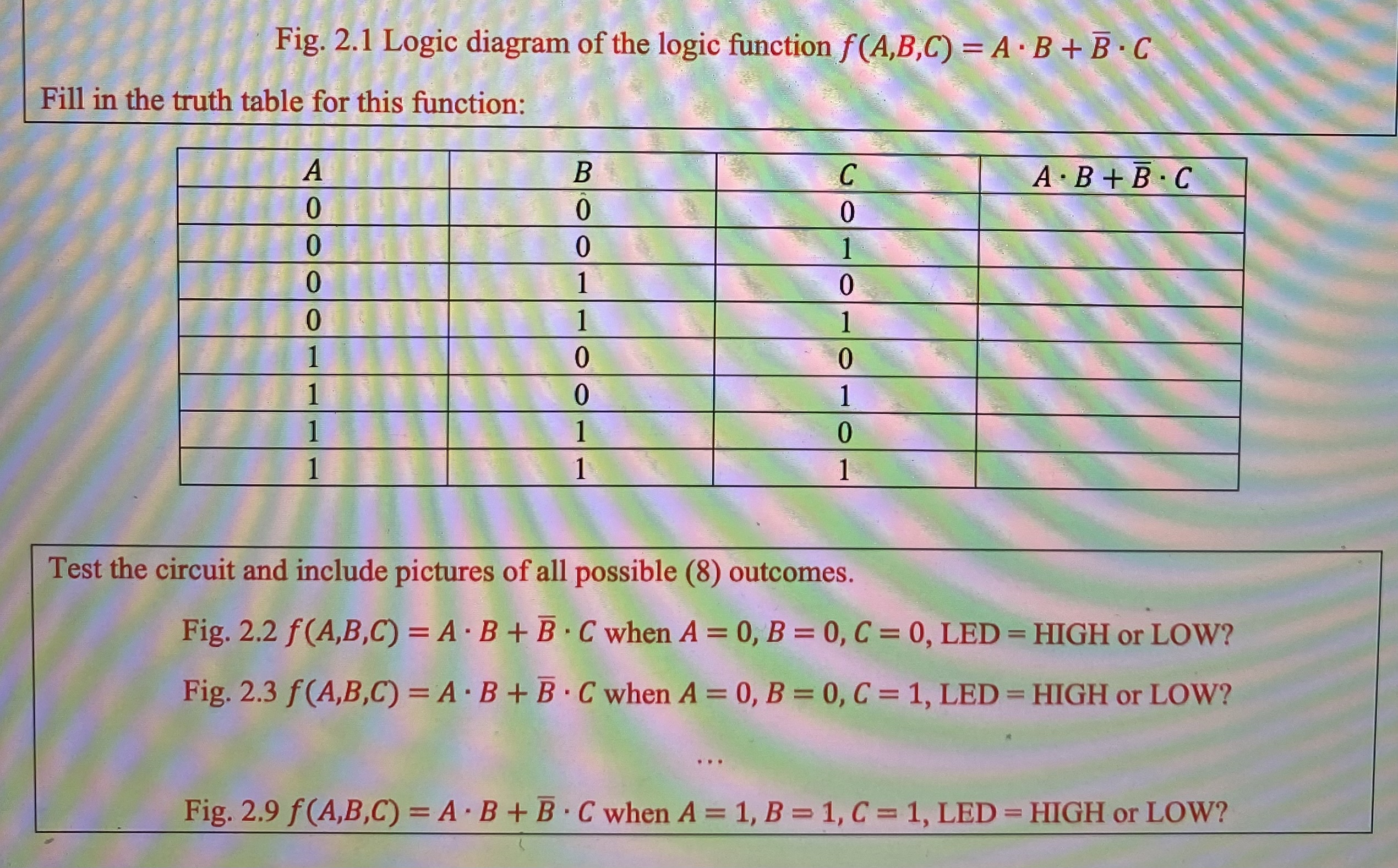 Fig. 2.1 Logic diagram of the logic function f(A,B,C) = A B +B.C Fill in the truth table for this function: A