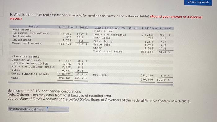 b. What is the ratio of real assets to total assets for nonfinancial firms in the following table? (Round
