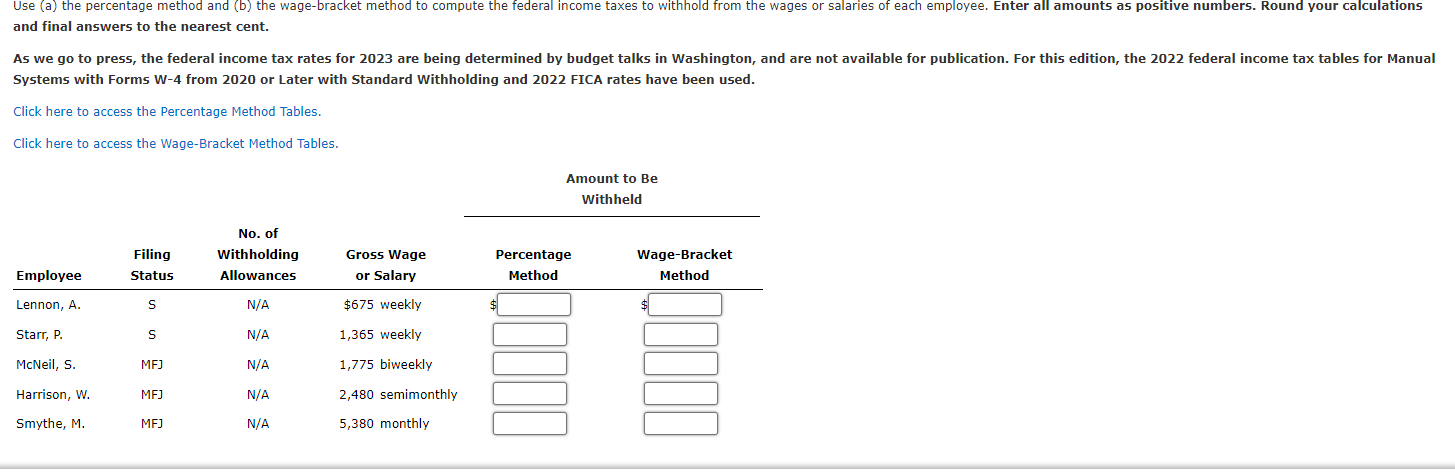 Use (a) the percentage method and (b) the wage-bracket method to compute the federal income taxes to withhold