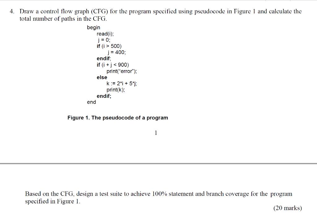 4. Draw a control flow graph (CFG) for the program specified using pseudocode in Figure 1 and calculate the