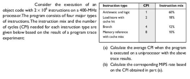 Consider the execution of an object code with 2 x 10 instructions on a 400-MHz processor. The program