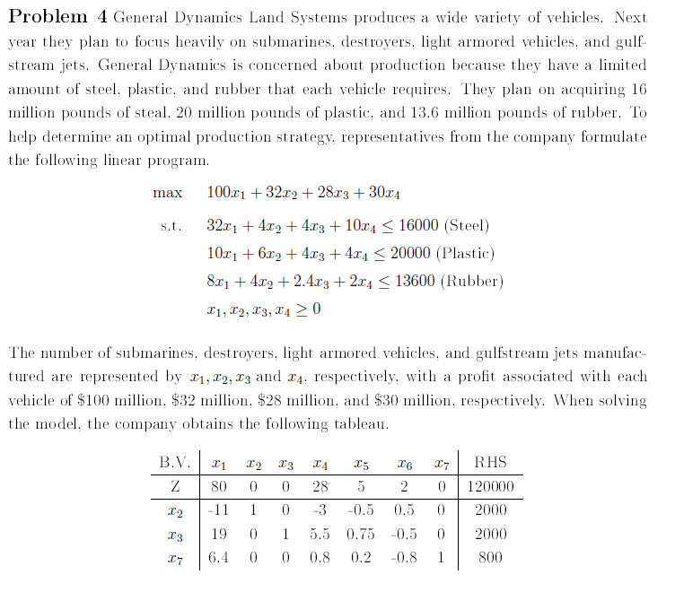 Problem 4 General Dynamics Land Systems produces a wide variety of vehicles. Next year they plan to focus