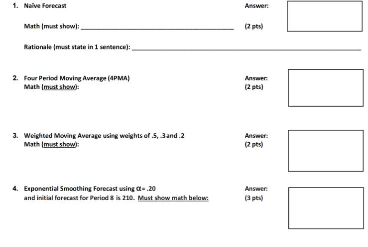 1. Nave Forecast Math (must show): Rationale (must state in 1 sentence): 2. Four Period Moving Average (4PMA)