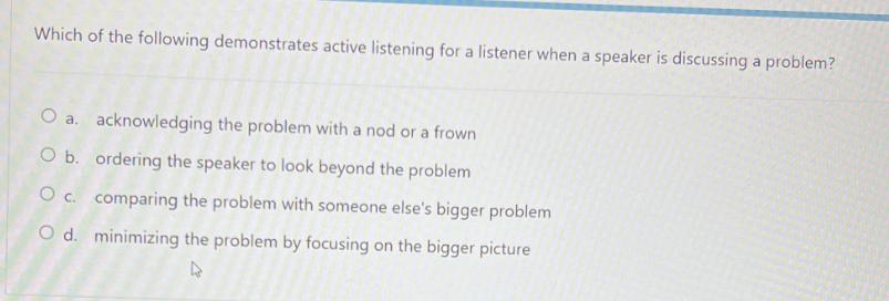 Which of the following demonstrates active listening for a listener when a speaker is discussing a problem? O