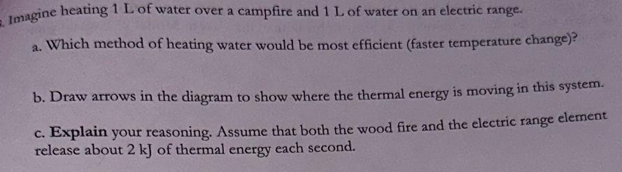 Imagine heating 1 L of water over a campfire and 1 L of water on an electric range. a. Which method of