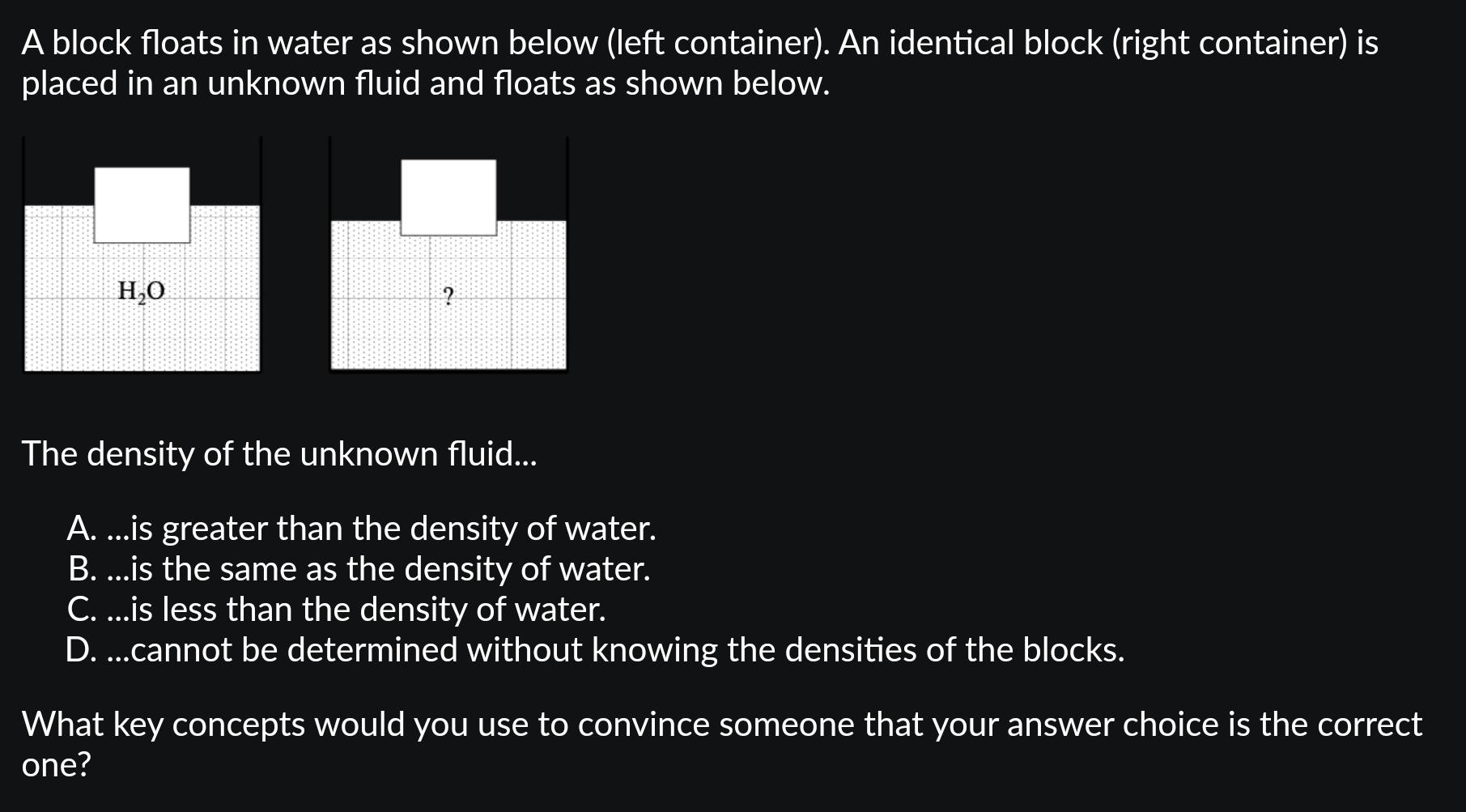 A block floats in water as shown below (left container). An identical block (right container) is placed in an