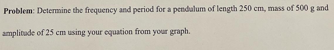 Problem: Determine the frequency and period for a pendulum of length 250 cm, mass of 500 g and amplitude of