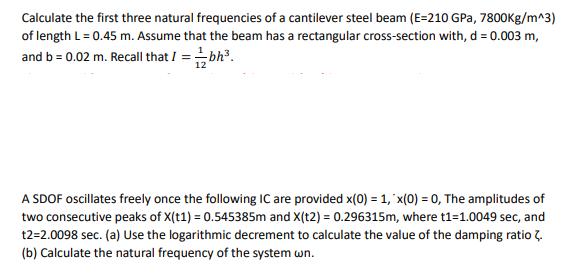 Calculate the first three natural frequencies of a cantilever steel beam (E=210 GPa, 7800Kg/m^3) of length L