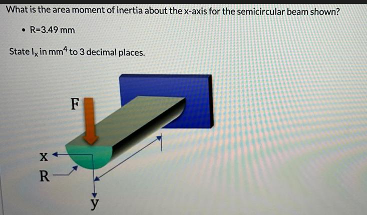 What is the area moment of inertia about the x-axis for the semicircular beam shown?  R=3.49 mm State Ix in