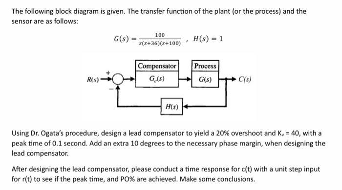 The following block diagram is given. The transfer function of the plant (or the process) and the sensor are