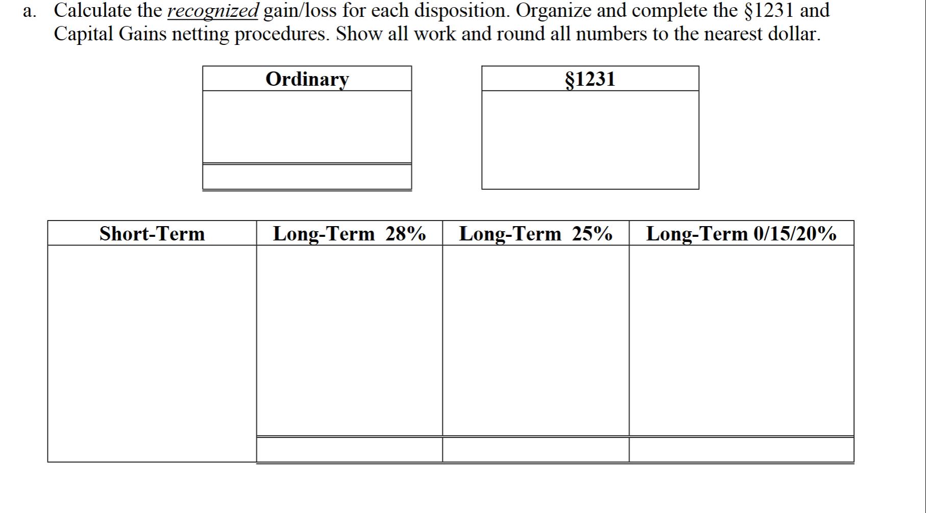 a. Calculate the recognized gain/loss for each disposition. Organize and complete the 1231 and Capital Gains